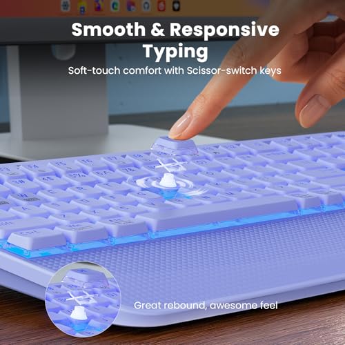 Purple Keyboard and Mouse Wireless Combo, 4000mAh Rechargeable Backlit Quiet Keyboards mice Set, USB Ergonomic Key Board with Wrist Rest & Phone Holder for PC, Mac, Windows, Natural Soft Typing - color: Purple