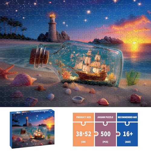 Puzzles for Adults 500 Pieces, Lighthouse Jigsaw Puzzles - Bottle of Stars, Impossible Beach Sailboat Puzzle for Seniors Families, 20.47x14.96 Inches, 1:1 Poster, Letter On The Back - style: Bottle of Stars