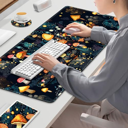 Gaming Mouse Pad, Large Desk Mat Cute Desk Pad Protector, 4in1 XXL Mousepad | + Keyboard Wrist Rest+Mouse Wrist Rest+Coaster Set with Ergonomic Desk Pad for Home Office Table Computer, Lovely Mushroom - color: Lovely Mushroom