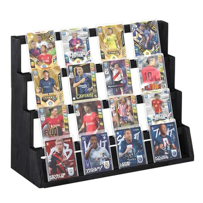 4-Tier Wooden Trading Card Display Stand, 15.3"x6.3"x12.6" Large Capacity Display Case with Deep Slots, Black Finished Wood Card Holder for Card Collection, Game Cards & Memorabilia