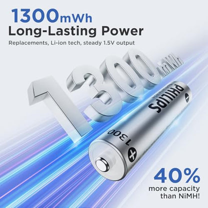 PHILIPS AAA Lithium Rechargeable Batteries with Battery 8 Pack - 1.5V 1300mWh High Capacity Li-ion Triple A Batteries 1200 Cycles Fast Charging for Remote Controls/Wireless Mouse Keyboards