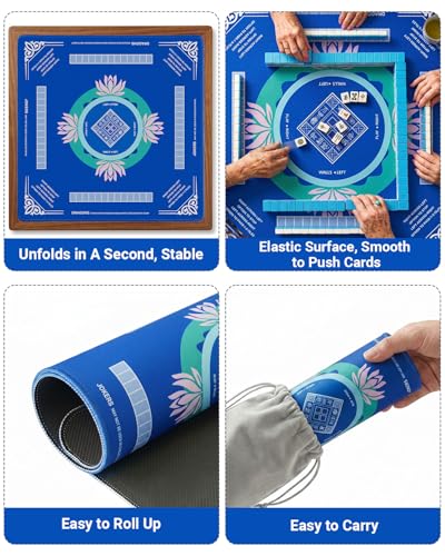 Mahjong Mat for Table, 32.4×32.4 Non-Slip Rubber Mahjong Mats with 2026 Mahjong Card, Neoprene Mah Jong Mat with Carrying Bag for Poker, Board Games,Dominoes,Cards & Tile Games - color: Blue