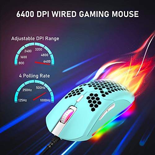 ZIYOU LANG Wired Lightweight Gaming Mouse,6 RGB Backlit Mouse with 7 Buttons Programmable Driver,6400DPI Computer Mouse,Ultralight Honeycomb Shell Ultraweave Cable for PC Gamers,PS4(Green)