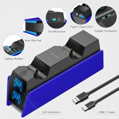 Controller Charger Station Compatible with Play 5 Faceplates Edge & Dual Controller, 9 Lightings P 5 Accessories Charging Station, P 5 Dock Stand with LED Indicator & On-Off Switch, Cobalt Blue for PlayStation Consoles - color: Cobalt Blue