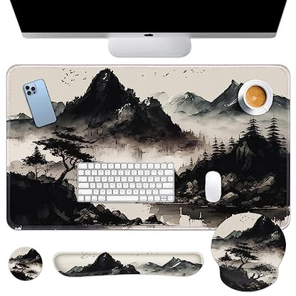 Britimes Black Ink Landscape Keyboard Mouse Pad Set 4in1 Large Mousepad+Keyboard Wrist Rest+Mouse Wrist Rest+Coaster Set with Ergonomic Design for Home Office Computer 35.4x15.7 inches - color: Black Ink Landscape