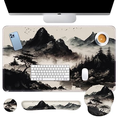 Britimes Black Ink Landscape Keyboard Mouse Pad Set 4in1 Large Mousepad+Keyboard Wrist Rest+Mouse Wrist Rest+Coaster Set with Ergonomic Design for Home Office Computer 35.4x15.7 inches - color: Black Ink Landscape