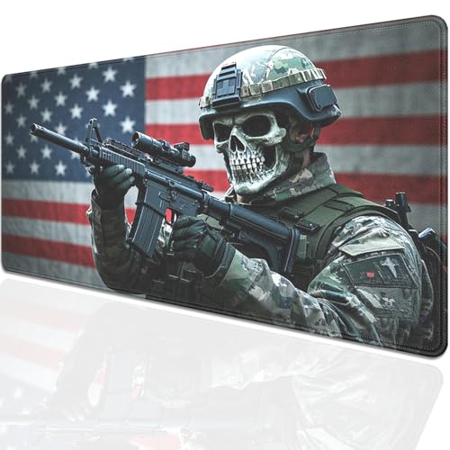 American Flag Skull Soldier Large Gaming Mouse Pad, 27.5x11.8in Tactical Military Extended Desk Mat with Stitched Edges, Non-Slip Waterproof Rubber Base for Office, Computer & Laptop - color: Usa Skeleton Warrior