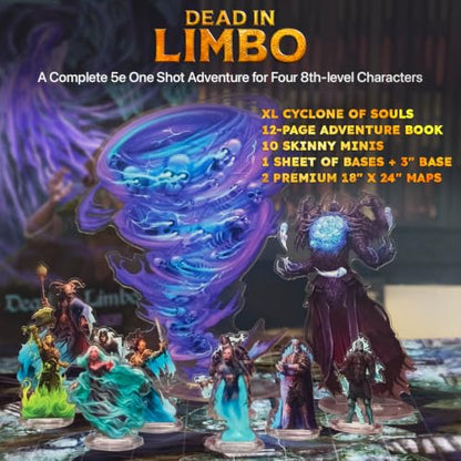Dead in Limbo One-Shot Adventure Set – 5e RPG Module with XL Cyclone of Souls, 12-Page Adventure Book, 10 Skinny Minis, Bases & Premium Maps – Fantasy Roleplaying Game Accessory for Dungeon Masters