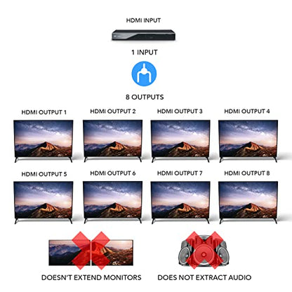 OREI 1080p 1x8 HDMI Splitter, 1 Port to 8 HDMI Display Duplicate/Mirror - Powered Splitter Ver 1.3 Certified for Full HD 1080P High-Resolution 3D Support (One Input to Eight Outputs) (Pack of 2) - size: 1x8 (Pack of 2)