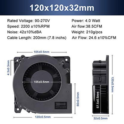 Wathai EC 120mm x 32mm Centrifugal Blower Fan AC 110V 120V Dual Ball | Duall Ball 4W Power Energy-Saving, High Airflow Centrifugal Blower Fan AC 110V 115V 120V 220V 240V - style: 120x32mm 100-220V