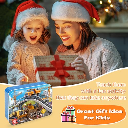 LELEMON Puzzles for Kids Ages 4-6,Construction Site 100 Piece Puzzles for Kids Ages 4-8 in a Metal Box,Educational Jigsaw Puzzles 100 Piece Puzzle Games Puzzle Toys for Girls and Boys - color: Construction Vehicle