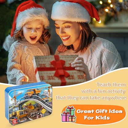 LELEMON Puzzles for Kids Ages 4-6,Construction Site 100 Piece Puzzles for Kids Ages 4-8 in a Metal Box,Educational Jigsaw Puzzles 100 Piece Puzzle Games Puzzle Toys for Girls and Boys - color: Construction Vehicle