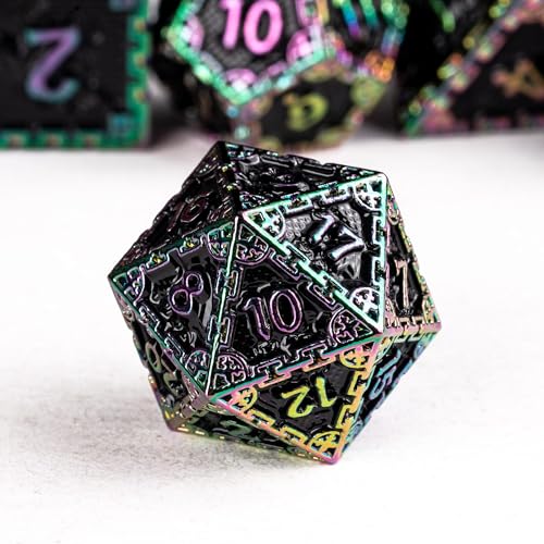 UDIXI Metal Dice Set D&D, Rainbow Metal DND Dice Set for RPG Tabletop Games | 7-Pieces, Dragon Carved, Chain-edge Design, Metal Gift Box, DM Gift, for Dungeons and Dragons Role Playing Games - color: Chain Frame-colorful Black