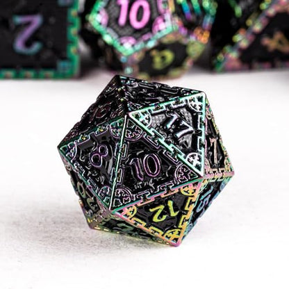 UDIXI Metal Dice Set D&D, Rainbow Metal DND Dice Set for RPG Tabletop Games | 7-Pieces, Dragon Carved, Chain-edge Design, Metal Gift Box, DM Gift, for Dungeons and Dragons Role Playing Games - color: Chain Frame-colorful Black