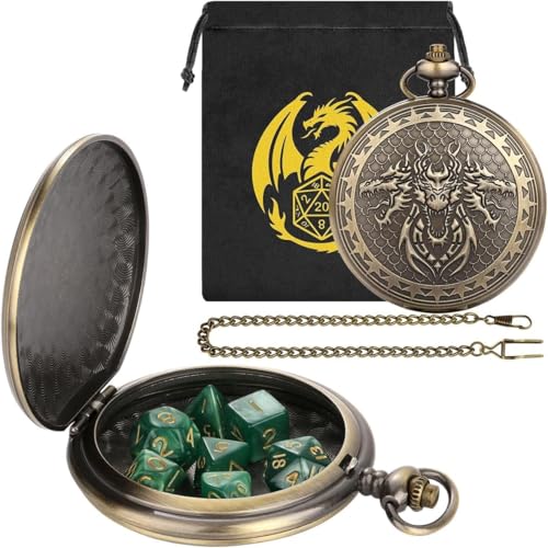 Acrylic DND Dice Set, Retro Dragon Pocket Watch Dice Set with Chain, 7pcs Polyhedral Dice, DND Starter Set, RPG Board Game Accessories, D&D Gifts for Fantasy Gamer, Gifts for Men Women, Green Dice - color: 3 Dragon Head C