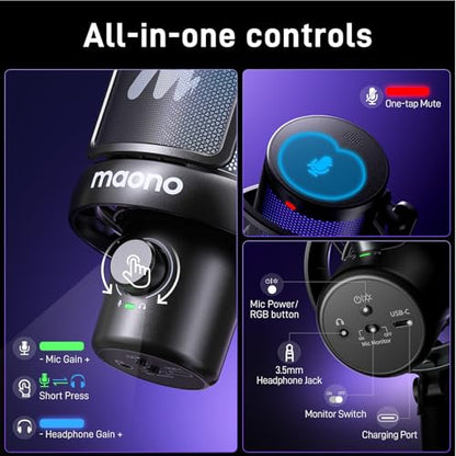 MAONO Wireless Microphone for PC,Gaming Streaming Condenser Mic with Software AI Voice Change,3-Level Noise Cancellation,Custom EQ,Gain Control USB Mic for Podcast Recording (DM40-Black) | Condenser Computer Mic with Noise Reduction/One-Click Mute/EQ/RGB/
