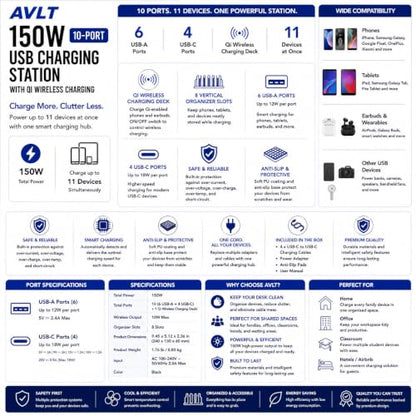 AVLT 150W 10 Port USB-A USB-C with Qi Wireless Charging Station - Black | Multiple Devices Compatible with iPhone iPad AirPods Smartphone Tablet Organizer Includes Charging Cables
