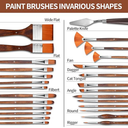 GETHPEN 29pcs Paint Brush Set, Acrylic Paint Brushes, Oil, Watercolor | Paint Brush 9 Shapes with Wide Flat, Filbert, Fan, Dagger, Cat Tongue, Round, Angle, Rigger with Palette Knife & Canvas Roll - style: Assorted Shapes