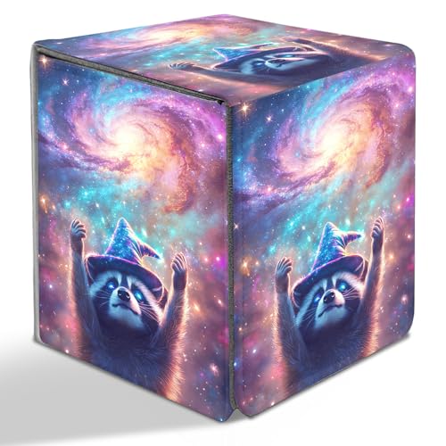 BVDIKMI Card Deck Box for Trading Cards, Card Storage Box Fits 100+ Single Sleeved Cards, PU Leather Strong Magnet Card Deck Case Holder for Magic Commander TCG CCG, Magical Raccoon - color: Magical Raccoon