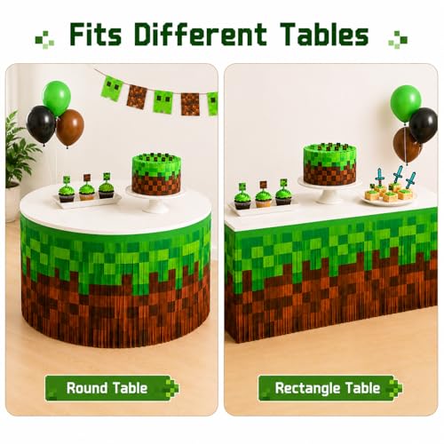 Pixel Video Game Party Table Skirts, 4 Pack Green Brown Foil Fringe Table Skirt Decorations for Boys Birthday, Block Theme Gaming Party Table Decor Photo Booth Props - size: 4pcs 29.5 x 108 Inch
