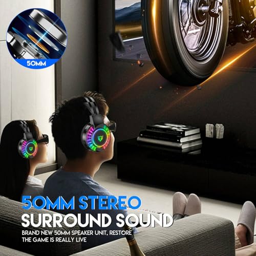 Wired Gaming Headset for PS4 PC Xbox One PS5 Controller, Noise Cancelling Over Ear Headphones with Mic, 7 Color LED Light, 7.1 Surround Sound, Soft Memory Earmuffs for Nintendo Xbox Series(Black)