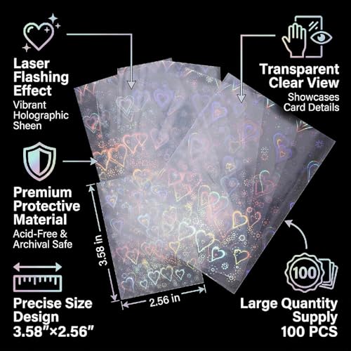 Photocard Sleeves 3.58x2.56 in Love Heart Shape Laser Flashing Holographic Foil Protective Covers for Card Enthusiasts，100 PCS