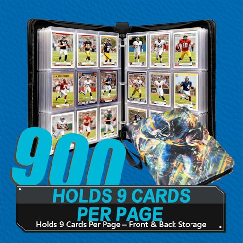 Football Card Binder with Sleeves, 9-Pocket Portable Card Protectors Album Holder Book with Zipper, Fits 900 Cards with 50 Removable Sleeves, Football Cards Display Storage Carrying Case - color: Football-02