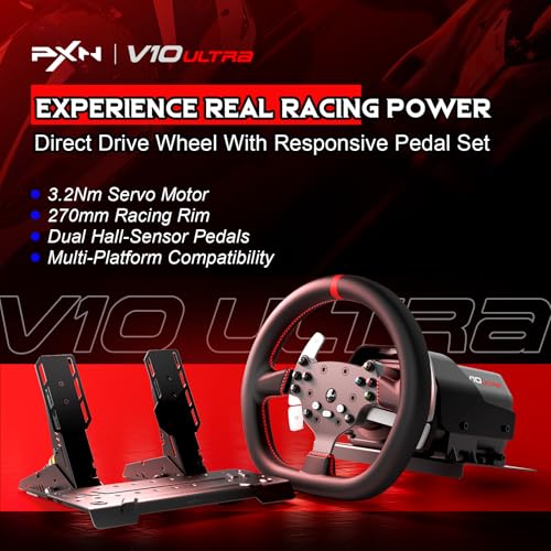 PXN V10 Ultra Direct Drive Racing Wheel & Pedals, 3.2Nm Force Feedback | 10.6'', 4 Paddle Shifters, Hall Effect 2-Pedal Set - Gaming Steering Wheel for Xbox Series X|S, Xbox One, PS4 & PC