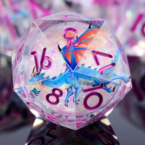 DNDND Blue Dragon Dice with Pink Numbers | Liquid Core 7-Piece Sharp Edge D&D Dice Set | Dragon Themed Collectible Metal Case | RPG Tabletop Gaming Gift - color: Liquid Dragon Ancient