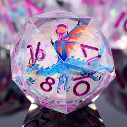 DNDND Blue Dragon Dice with Pink Numbers | Liquid Core 7-Piece Sharp Edge D&D Dice Set | Dragon Themed Collectible Metal Case | RPG Tabletop Gaming Gift - color: Liquid Dragon Ancient