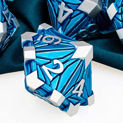 ARUOHHA DND Metal Dice Set Crystal Shards Dice with Gift Box, 7PCS Silver Blue Polyhedral Dice RPG Role Playing Game Handmade 6 Sided D and D Dice Set D20 D12 D10 D8 D6 D4 - color: Silver Blue