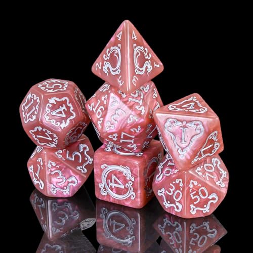 DND Dice Set - 7 Polyhedral Role Playing Dice with Gold Dragon Design, Acrylic D&D Dice Perfect for Dungeons and Dragons, Pathfinder, Warhammer, RPG Games (Pinkish Brown) - color: Tangerine Pink
