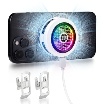 Phone Cooler for Gaming, Low Noise USB Cell Phone Cooler with Smart Temp Control, Phone Cooling Fan with RGB LED Lights, Magnetic Ring & Clip Fan for Phone Gaming & Streaming (White) - color: white