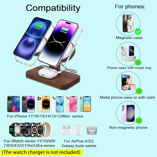 Wood Dual Phone Charging Station Compatible with Magsafe Charger Stand Magnetic Wireless Charger for iPhone 17 16 15 14 13 12 Series iWatch AirPods Wireless Charging Station for Apple Devices - color: Without Apple Watch Charger