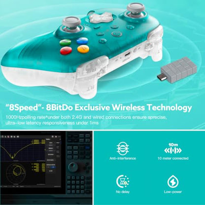 8Bitdo Ultimate 2 Wireless 2.4G Controller (Transparent Blue) | For Windows PC, Apple, Steam & Android, TMR Joystick, Star-Ring RGB Lights, Adjustable Trigger Locks, Charging Dock Included - color: Transparent Blue