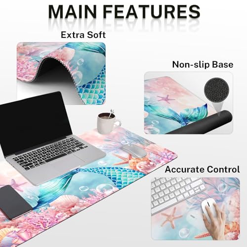 Britimes Pink Cute Deep Sea Mermaid Keyboard Mouse Pad Set 4in1 Large Mousepad+Keyboard Wrist Rest+Mouse Wrist Rest+Coaster Set with Ergonomic Design for Home Office Computer 35.4x15.7 inches - color: Mermaid