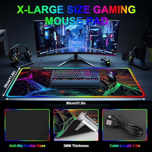 RGB Mouse Pad, Gaming Mousepad with 13 LED Light Modes | 31.5X11.8inch Large Mouse Mat, Gaming Mats for Desk with Non-Slip Rubber Base, Model-B - color: Black-d