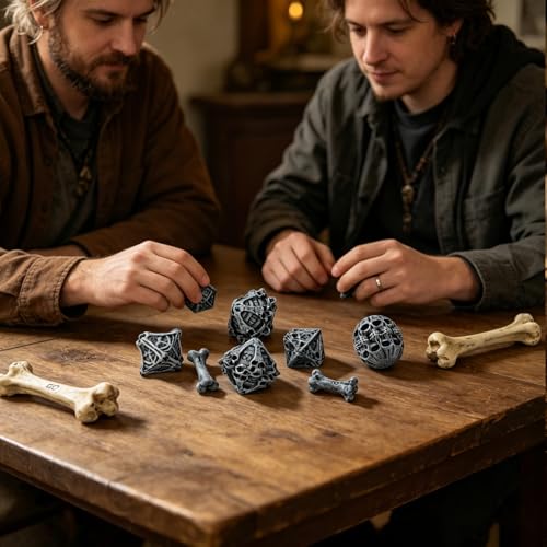 DND Dice Set, Features Skeleton Theme Dice Set, Resin Material, DND Starter Set, 7pcs Polyhedral Dice Set with Dice Bag, Role Playing Board Games Accessories, Grey