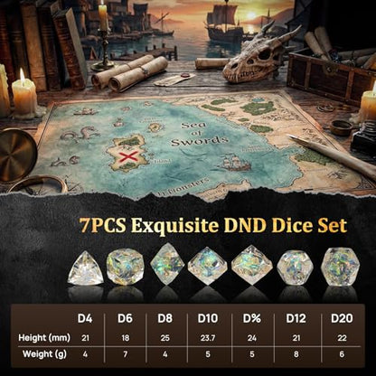 MoKo Resin DND Dice Set, 7PCS Sharp Edge Polyhedral, Amber | Gold Numbers, D&D RPG Tabletop Games, Gift Box Storage Bag, D20 D12 D10 D8 D6 D4 D% - color: 3 - Amber