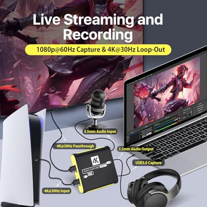 HDMI Capture Card for Nintendo Switch 2, 1080P 60FPS, Yellow | USB 3.0 plug and play, 4K 30Hz passthrough, works with OBS, PS5, Xbox, PC and Mac - color: Yellow