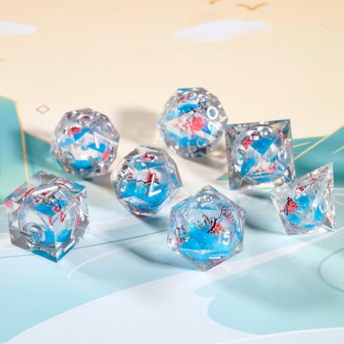 Sharp Edge Dice Set D&D Dice Resin Iridecent Mylar Galaxy D D Dice for RPG Role Playing Compatible with DND (Blue Quicksand + Plum Blossoms) - color: Blue Quicksand Plum Blossoms