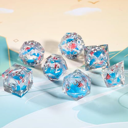 Sharp Edge Dice Set D&D Dice Resin Iridecent Mylar Galaxy D D Dice for RPG Role Playing Compatible with DND (Blue Quicksand + Plum Blossoms) - color: Blue Quicksand Plum Blossoms