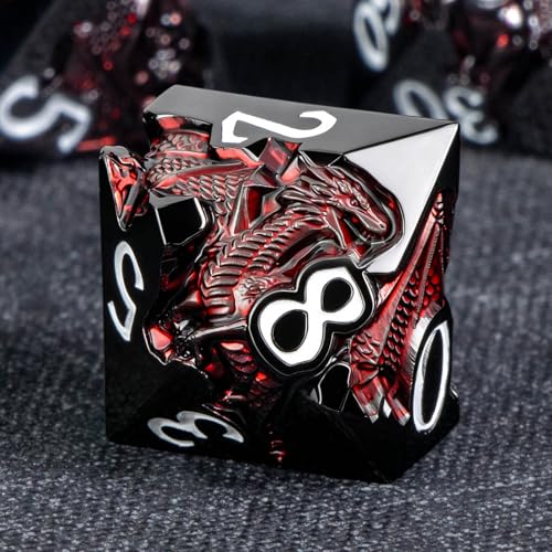 Roycevon Relief Dragon DND Dice Set for Role Playing Game, 7Pcs Metal D&D Dice Set Dungeons Dragons with Gift Box, Polyhedral D and D Dice D20 D12 D10 D8 D6 D4, Red and White - color: Red and White