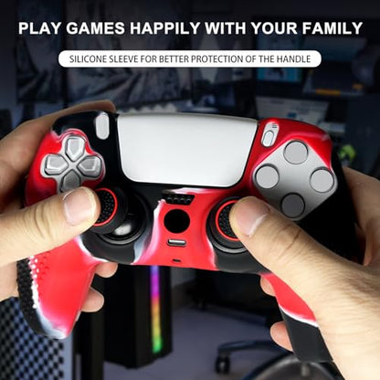 Anti-Slip Red&Black Controller Skin,Studded Edition Protective Silicone Cover Skin Grips Compatible with PS5/Slim/Pro Controller and 6 PCS Thumb Grips Caps. - color: Red & Black