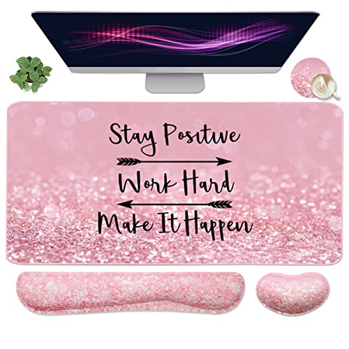 Large Mouse Pad and Keyboard Wrist Rest, Desk Pad for Keyboard and Mouse, 4-in-1 Large Gaming Mouse Pad with Wrist Support, Desk Mat for Home Office Study Game-Pink Stay Positive - color: Pink Stay Positive
