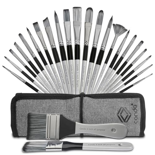 Paint Brushes Set of 24 Pieces, CONDA Different Shapes Wooden Handles Brushes with Art Brush Case, Professional Artist Brushes for Oil, Acrylic Canvas Watercolor Painting Craft - color: Light Grey
