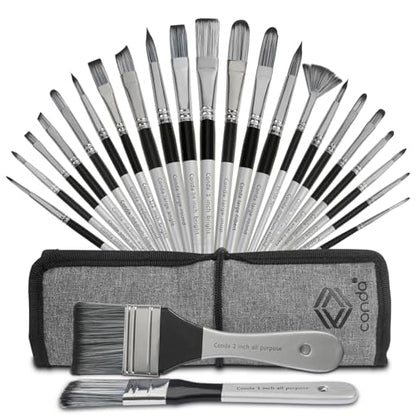 Paint Brushes Set of 24 Pieces, CONDA Different Shapes Wooden Handles Brushes with Art Brush Case, Professional Artist Brushes for Oil, Acrylic Canvas Watercolor Painting Craft - color: Light Grey