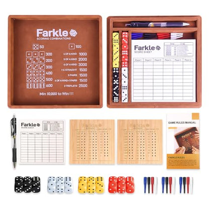Farkle Dice Tray and Storage Case - Includes Embedded Scoring Combinations, 4 Sets of 6 Pearl Dice, 50 Sheet Score, 2 Scoreboards, 12 Scoring Sticks, and a Pen for The Classic Family Games (Brown)