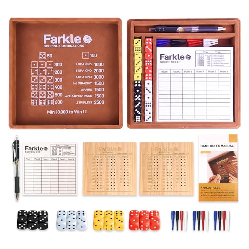 Farkle Dice Tray and Storage Case - Includes Embedded Scoring Combinations, 4 Sets of 6 Pearl Dice, 50 Sheet Score, 2 Scoreboards, 12 Scoring Sticks, and a Pen for The Classic Family Games (Brown)