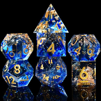 AUSTOR 7-Die DND Dice Set Handmade Sharp Edge Polyhedral Dice for Dungeons and Dragons RPG MTG Table Games（Tranlucent Blue with Glod Sequins） - color: Tranlucent Blue With Glod Sequins